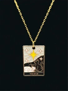 1pc Punk Star, Sun, Moon Drip Oil Square Pendant Necklace Stainless Steel Chain, Unisex