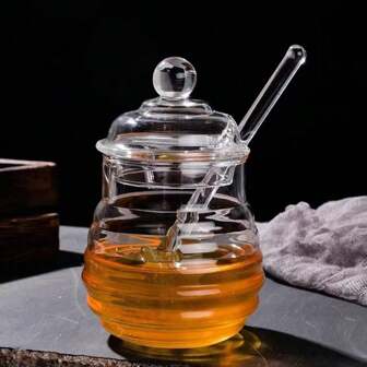1pc 280ml/450ml Large Belly Glass Honey Pot With Spoon And Lid, High Borosilicate,Kitchen,Christmas Gift