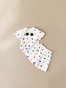 Baby Boy Heart Print Casual Cute T-Shirt Set, Summer