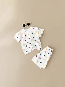 Baby Boy Heart Print Casual Cute T-Shirt Set, Summer