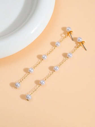 1雙時尚簡約不銹鋼假珍珠流蘇耳環，適用於女性日常穿戴