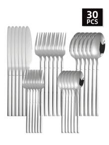 Set di posate 5 pezzi / 30 pezzi in acciaio inossidabile argento, comprende coltello, forchetta e cucchiaio, adatto per uso domestico e ristorante, cucina, regalo di Natale