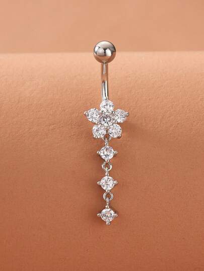 1pc Two Rhinestone Decorated Flower Design Belly Button Ring With Plant Motif Valentines,Mom,Mother,Mother's Day,Gift