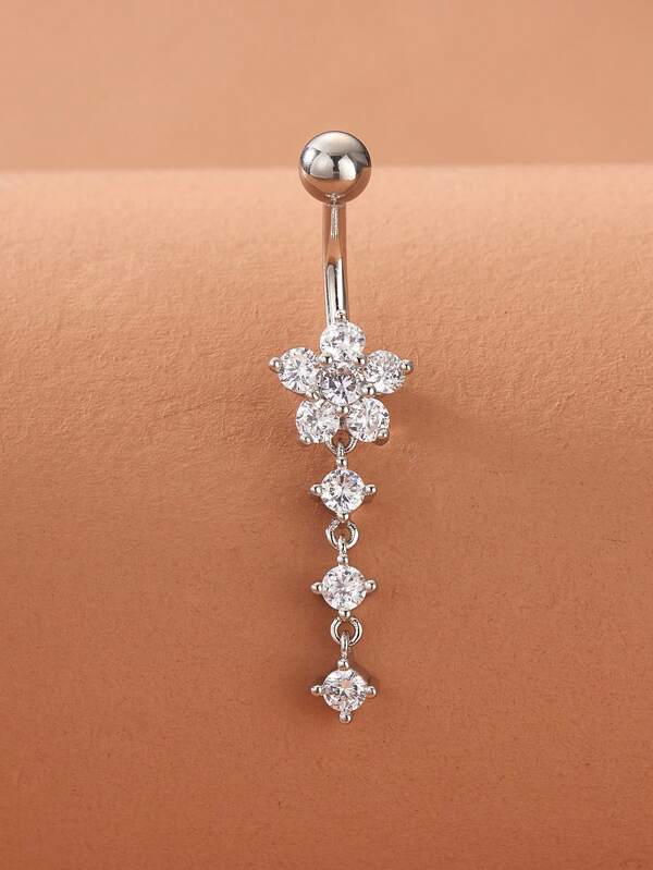 1pc Two Rhinestone Decorated Flower Design Belly Button Ring With Plant Motif Valentines,Mom,Mother,Mother's Day,Gift