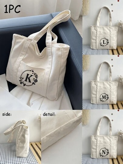 1 件字母印花手提袋购物袋返校季，精美字母印花手提袋，旅行沙滩包，可重复使用的杂货单肩购物袋，生日礼品袋，女伴娘个性化婚礼礼品袋，送给女朋友的礼物，适合读书周的学院风书包