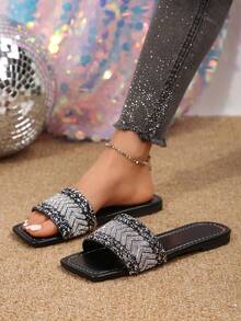 2024 Mùa hè Của phụ nữ Dép Trượt vào Với Pha lê Chi tiết , Gót phẳng , Dễ kết hợp - màu đen - Xem 3