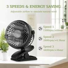 Ventilador portátil con clip, ventilador de escritorio de 6 pulgadas, pequeño y silencioso, ventilador de cochecito con abrazadera resistente de 3 velocidades - Negro - Ver 3