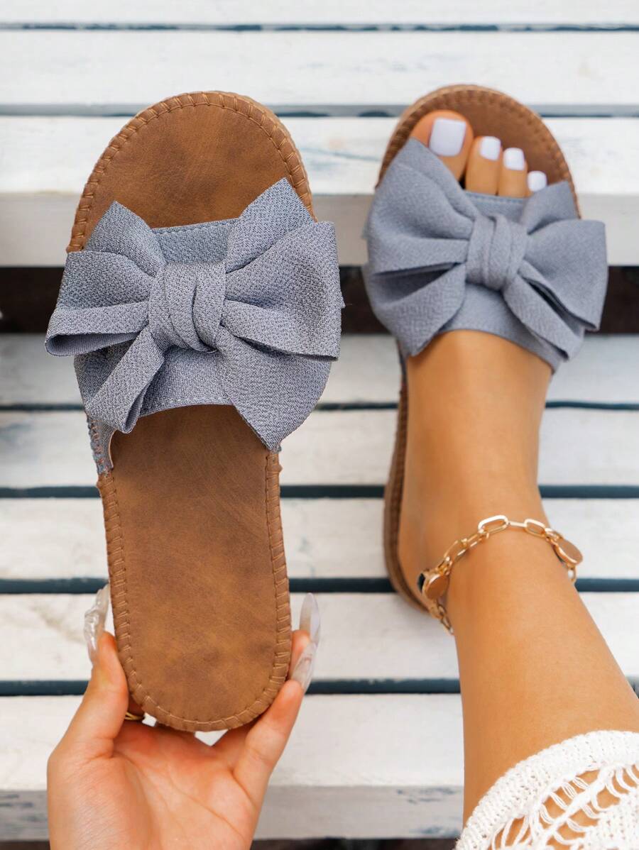 2024新款優雅、舒適且可愛的蝴蝶結扁平拖鞋，度假風格 - 灰色 - 查看 1