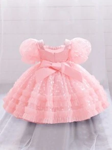 女婴蝴蝶印花薄纱缎面泡泡袖荷叶边连衣裙，优雅精致的花童礼服，适合生日派对，不含头饰 - 粉色 - 查看 2