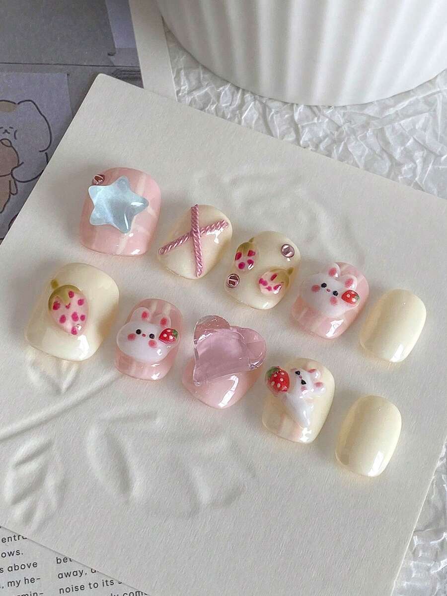 10 miếng dán móng tay hình thỏ dâu tây kem 3D dễ thương cho trẻ em, đồ dùng làm móng, dụng cụ làm móng - Nhiều màu - Xem 1