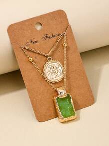 1pc Double Layered Pendant Multi-Layer Necklace - Green - View 2