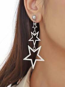 1 Pair Hollow Five-Pointed Star Geometric Metal Long Dangle Earrings, Suitable For Women, Holiday And Daily Wear, Versatile - Star - View 9