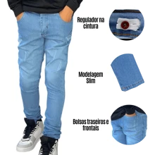 Kit de 2 calças jeans masculina calça infantil com regulador calça skinny para menino - Lavagem escura - Visão 8