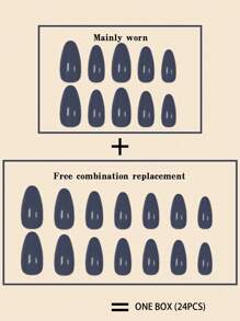 24入組深藍杏仁形素色假指甲，可佩戴指甲貼+果凍膠+指甲文件，即時甲供