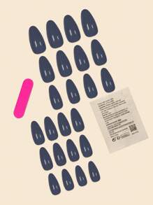 24入組深藍杏仁形素色假指甲，可佩戴指甲貼+果凍膠+指甲文件，即時甲供