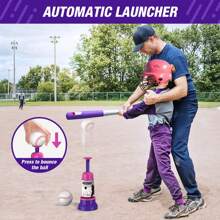 HYES 3-In-1 Baseball Set For Kids 3-5 - Tee Ball Stand, Hanging Tee, Ball Launcher And 6 Softballs - Adjustable Height, Indoor/Outdoor Sport Gifts For Boys, Blue,Purple - Purple - View 4
