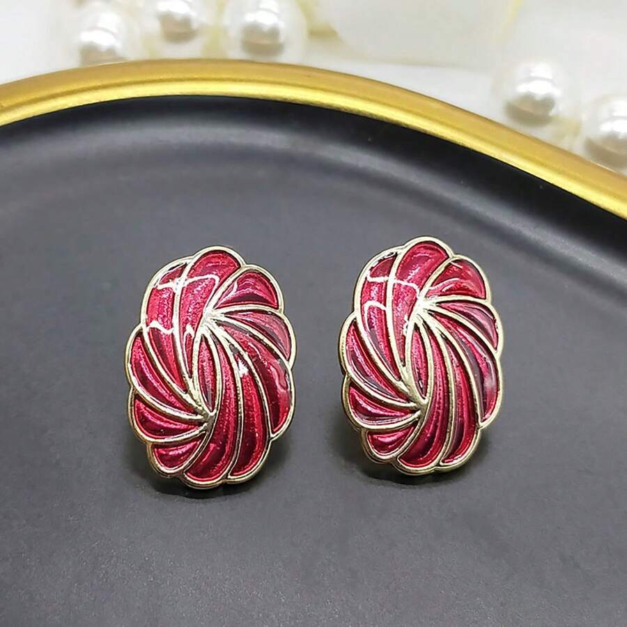 1對新款鋅合金手繪彩珐琅水滴耳環,適合女孩全年佩戴 - 紅色 - 查看 1