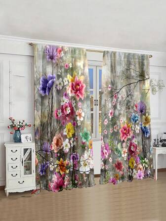 1 套 2 件，水彩花卉春季设计，多彩复古独特装饰艺术，半透明窗帘，保护隐私和家居装饰，适用于客厅、卧室、厨房