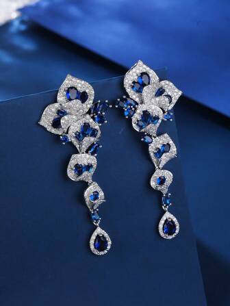 1pair Luxurious Long Drop Flower Design Women's Cubic Zirconia Earrings, Ear Pendants For Birthday/Festival Gifts Valentines,Mom,Mother,Mother's Day,Gift