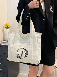 1 件字母印花手提袋购物袋返校季，精美字母印花手提袋，旅行沙滩包，可重复使用的杂货单肩购物袋，生日礼品袋，女伴娘个性化婚礼礼品袋，送给女朋友的礼物，适合读书周的学院风书包 - 米色 - 查看 4