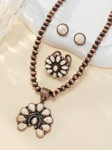 1套波西米亞復古風格石頭與馬蹄吊墜串珠項鍊、耳環和戒指珠寶套裝,適合女性日常穿戴 - 白色 - 查看 2