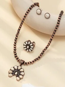 1套波西米亞復古風格石頭與馬蹄吊墜串珠項鍊、耳環和戒指珠寶套裝,適合女性日常穿戴 - 白色 - 查看 1