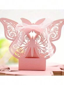 Caja de dulces europea hueca de 10 piezas, caja rosa de chocolate con mariposas, caja de papel de embalaje de compromiso - Rosa - Ver 4