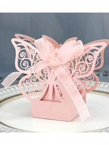 Caja de dulces europea hueca de 10 piezas, caja rosa de chocolate con mariposas, caja de papel de embalaje de compromiso - Rosa - Ver 1