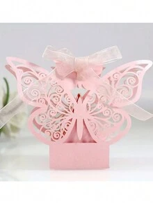 Caja de dulces europea hueca de 10 piezas, caja rosa de chocolate con mariposas, caja de papel de embalaje de compromiso - Rosa - Ver 3
