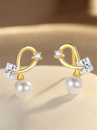 1對925純銀人造珍珠方形耳釘，附贈禮盒，優雅時尚，適用於約會和送給女孩的禮物結婚新娘珠寶