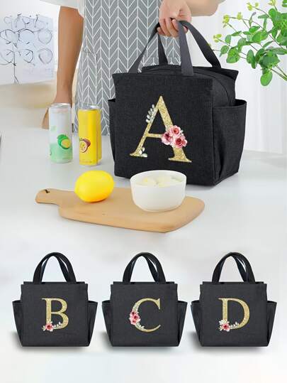 1 件全新加厚字母印花保温袋，便携式午餐盒保温袋，金色字母花朵印花保温袋，户外露营午餐袋，便携式冷冰袋，便携式食物冷却器适合工作、学校和旅行女士午餐盒袋女士学校用品配件