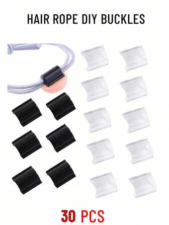 30个DIY发绳扣 黑色/透明塑料发圈固定C型扣 用于DIY手工发带蝴蝶结头饰配饰 夏季、学校