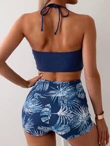 Bộ bikini hai mảnh họa tiết hoa gợi cảm dành cho nữ, áo croptop và quần bơi, đồ bơi dự tiệc bãi biển, kỳ nghỉ hè. - Màu xanh hải quân - Xem 3