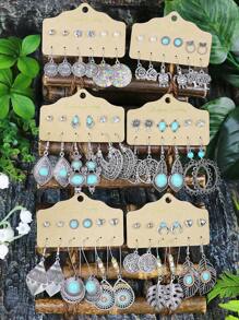 TopHanqi 36 Pairs Of Bohemian Vacation Vintage Silver Plated Series Circular Flower, Tree Of Life, Animal, Leaf, Geometric Shape, Etc. Alloy Earrings With Turquoise, White Rhinestone, Faux Pearls, Heart & Circle Shaped Beaded Stud Earrings, Minimalist, Chic, And Personalized Fashion Accessories For Women, Suitable For Daily Life, Work, Travel And Street Photography, Four Seasons Can Wear Valentines,Mom,Mother,Mother's Day,Gift