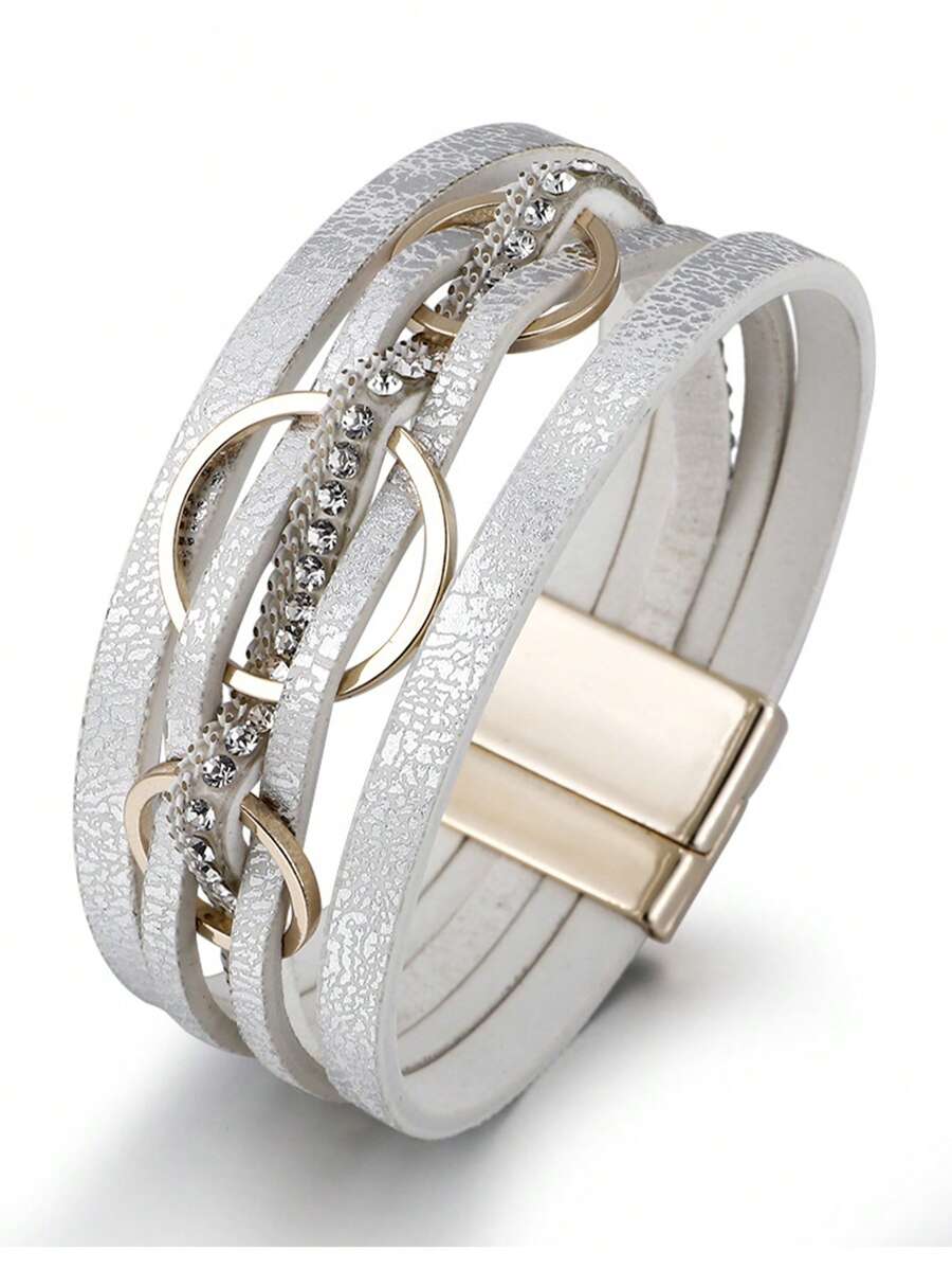 1pc European And American Style White Pu Leather & Zinc Alloy Chain Bracelet For Women's Fashionable Commuting