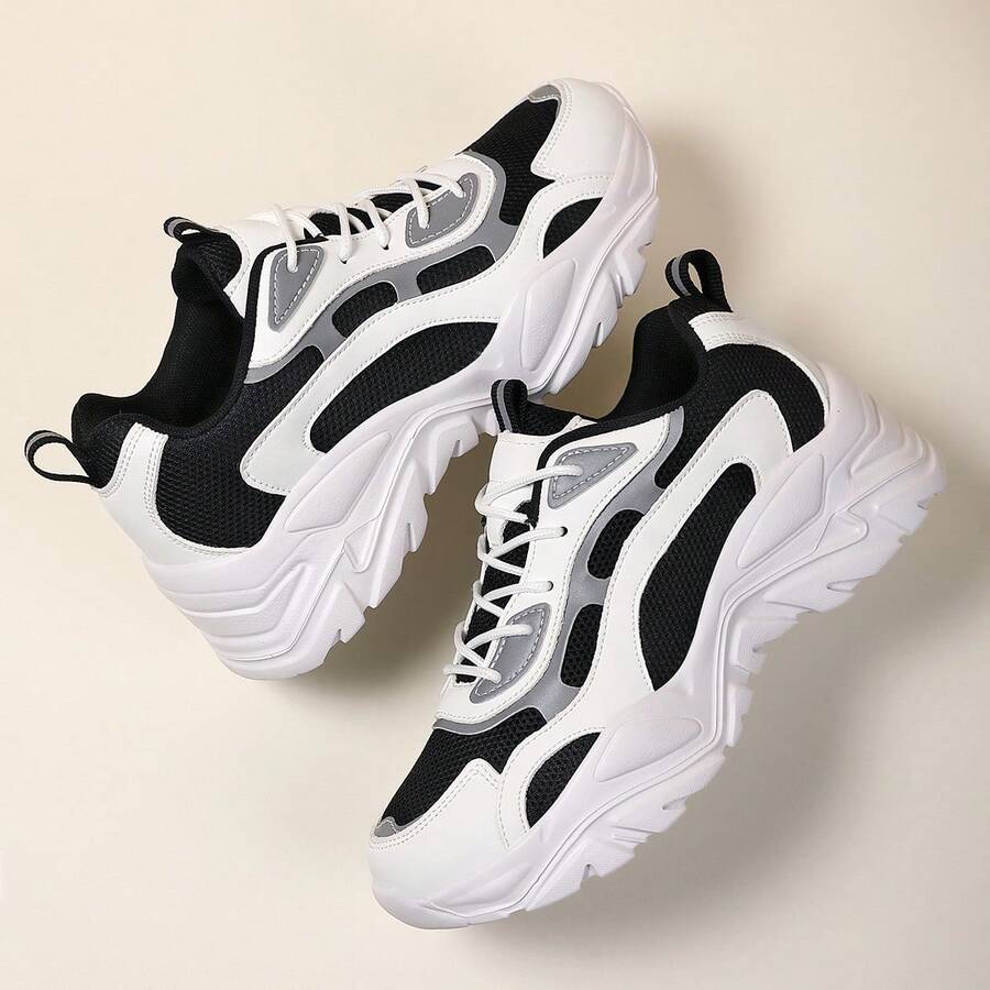 2024 年春夏必备女士厚底运动鞋，厚底休闲运动鞋，时尚设计 - 黑色 - 查看 1