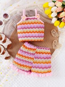 Abito estivo in due pezzi per neonata composto da carinissimo top a canotta tricolore arcobaleno con fiori all"uncinetto e pantaloncini con balze - Multicolore - Visualizzare 3
