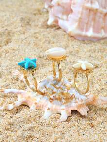 3pcs/Set Ocean Themed Shell & Starfish Design Adjustable Open Rings For Women, Ideal For Vacation, Leisure, Glamorous Jewelry, Dating Gift - Yellow Gold - View 2