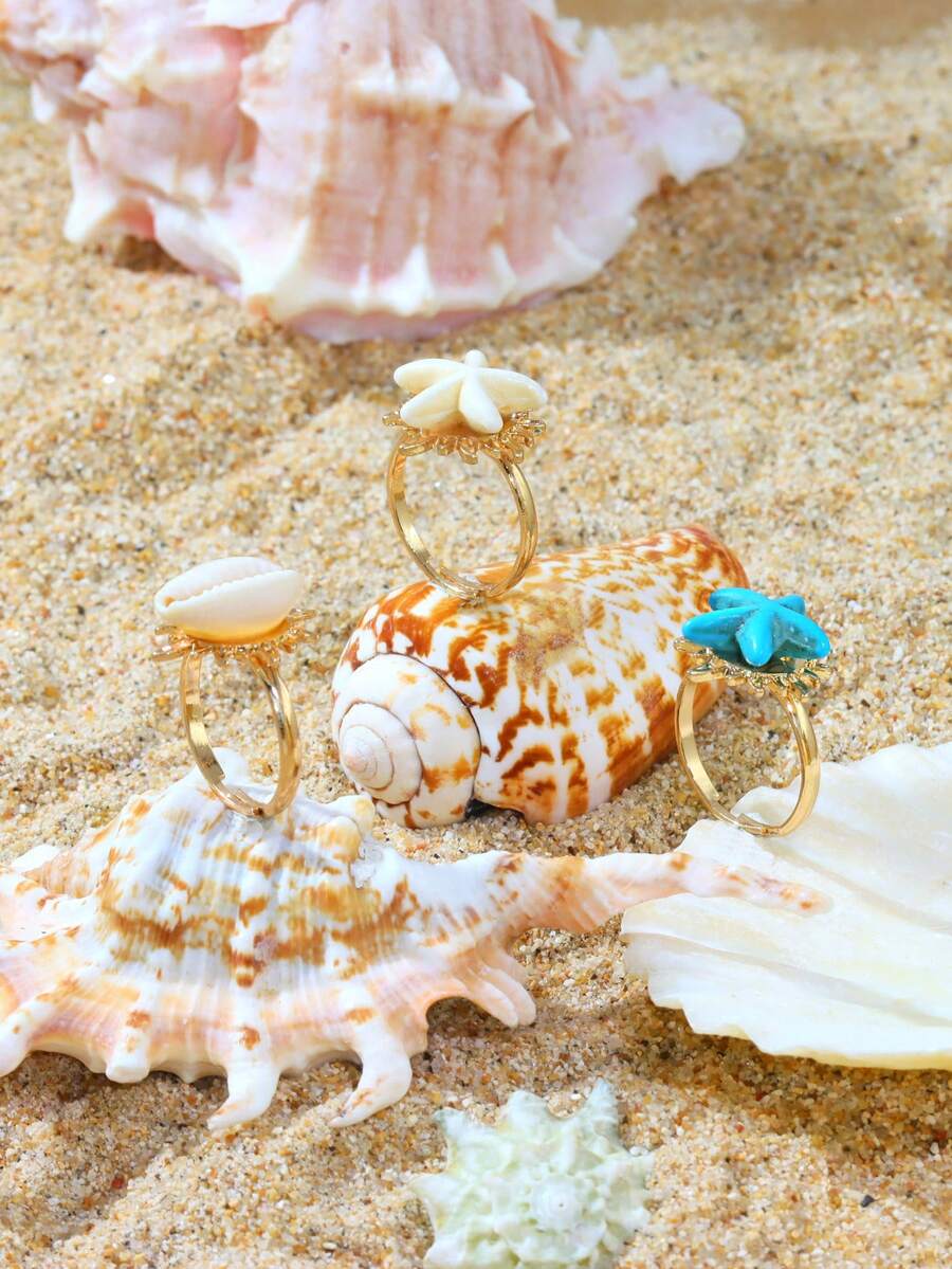 3pcs/Set Ocean Themed Shell & Starfish Design Adjustable Open Rings For Women, Ideal For Vacation, Leisure, Glamorous Jewelry, Dating Gift - Yellow Gold - View 1