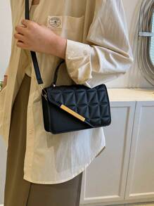 Fashionable Mini Plaid Pressed Design Handbag With Adjustable Shoulder Strap And Pu Flip Cover Material, Perfect For Women On The Go, Shopping, Dating, Party, And As A Gift - Black - View 6