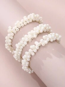3件套女士时尚法式仿珍珠发圈、手链和发饰套装，优雅马尾发圈、发绳、发圈、发饰、发圈、发饰、弹力发带 - 白色 - 查看 2