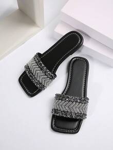 2024 Mùa hè Của phụ nữ Dép Trượt vào Với Pha lê Chi tiết , Gót phẳng , Dễ kết hợp - màu đen - Xem 5