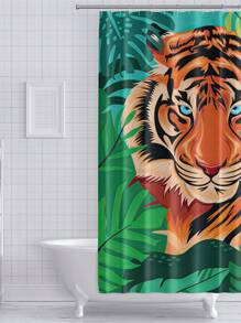 老虎與棕熊插畫動物印刷浴室淋浴簾 - 綠色 - 查看 3