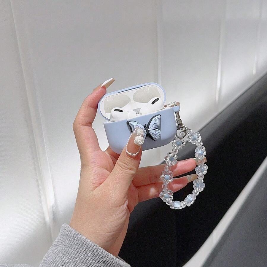 卡通蝴蝶挂链蓝牙耳机保护套，兼容苹果 - 淺藍色 - 查看 1