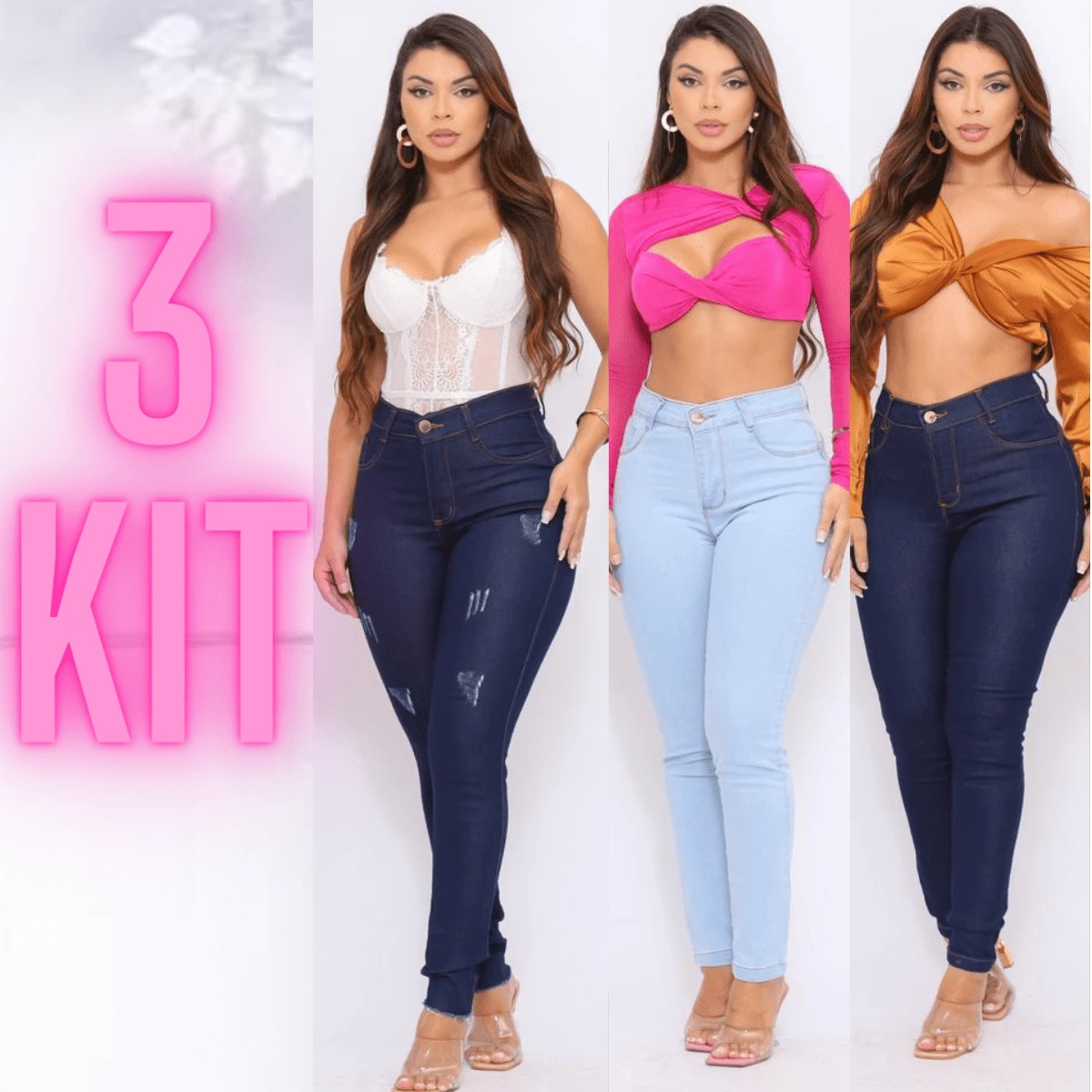 Kit 3 Calça Jeans Feminina Skinny Cintura Alta Com Lycra!!! - Azul - Visão 1