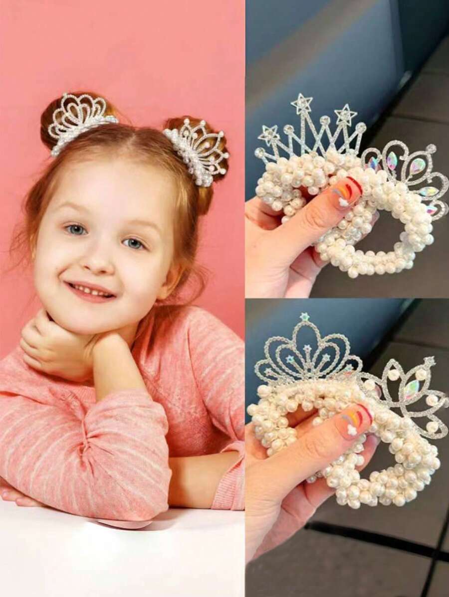 Fashion Pearl Crown Princess Hair Bands Elastic Rubber Bands Children Ball Hair Bun Ties, Ponytail Holders For Girl Hair Styling Accessories - Style a - View 1