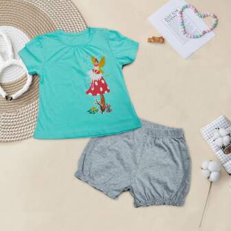 OIPOIG 女宝宝夏季短袖T恤短裤套装，正面采用卡通人物刺绣贴花工艺，时尚、舒适、透气、展现可爱；适合周末旅行休闲风格，让孩子无忧快乐成长