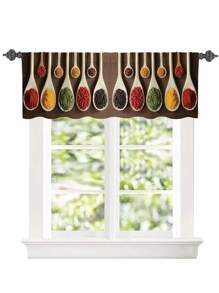 1pc Classic Reversible Spoon & Seasoning Print Curtain Valance, Small Short Curtain, Without Holes Curtain, Refer To Bedroom Office Kitchen Living Room Study Home Decor - Multicolor - View 6