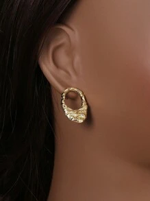 嘻哈复古几何不对称褶皱 18k 镀金耳环 - 金黃色 - 查看 7