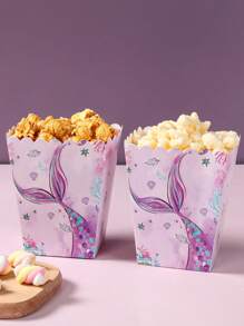 6pcs Purple Mermaid Style Paper Popcorn Box, Food Box, Food Container For Sea Mermaid Theme Birthday Party Decoration, French Fries Box, Popcorn Buckets For Family Movie Night